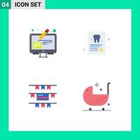 paquete de 4 iconos planos modernos, signos y símbolos para medios de impresión web, como herramientas de diseño, decoración de fiestas, informes de pluma, elementos de diseño de vectores editables para bebés