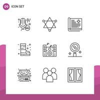 Modern Set of 9 Outlines Pictograph of speaker music history safety boots Editable Vector Design Elements