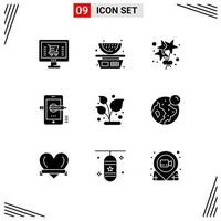 Modern Set of 9 Solid Glyphs Pictograph of leaf composing birthday drawing mobile Editable Vector Design Elements