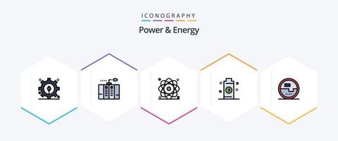 Paquete de íconos de 25 líneas completas de energía y energía que incluye construcción y herramientas. energía. átomo. electricidad. poder vector