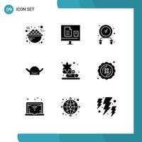 Pack of 9 Modern Solid Glyphs Signs and Symbols for Web Print Media such as towel day learning brim jump rope Editable Vector Design Elements