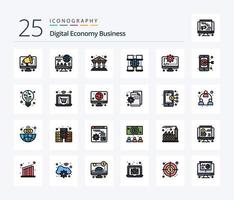 Digital Economy Business 25 Line Filled icon pack including gear. coding. business. computer. digital vector