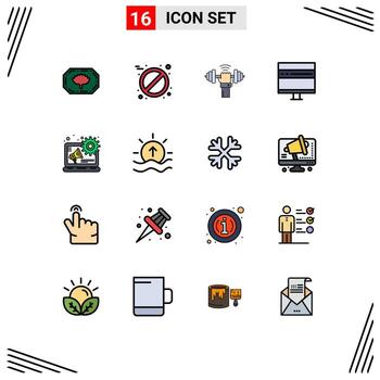 conjunto de líneas llenas de color plano de interfaz móvil de 16 pictogramas de desarrollo de noticias de publicidad digital elementos de diseño de vectores creativos editables por computadora