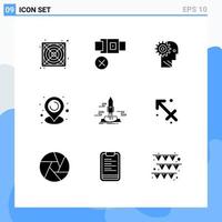 Modern Set of 9 Solid Glyphs Pictograph of launch map brain location personal Editable Vector Design Elements