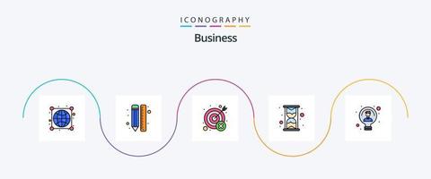 paquete de iconos de 5 planos llenos de línea de negocio que incluye bombilla. hora. diseño. vidrio. objetivo vector