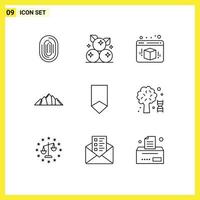 Pack of 9 Modern Outlines Signs and Symbols for Web Print Media such as scene nature fruit landscape web Editable Vector Design Elements