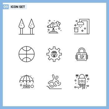 Mobile Interface Outline Set of 9 Pictograms of padlock programming sport process develop Editable Vector Design Elements