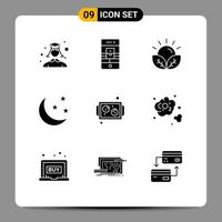 Pictogram Set of 9 Simple Solid Glyphs of nature half moon webcam half farming Editable Vector Design Elements