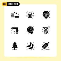 Set of 9 Vector Solid Glyphs on Grid for globe down location up left arrow Editable Vector Design Elements