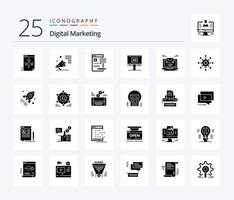 paquete de iconos de 25 glifos sólidos de marketing digital que incluye banner. anuncio. altavoz. informe. artículo vector