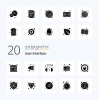 20 User Interface Solid Glyph icon Pack like action heart headset health interface vector