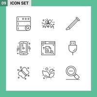 Pack of 9 Modern Outlines Signs and Symbols for Web Print Media such as webpage interface instrument video mobile Editable Vector Design Elements