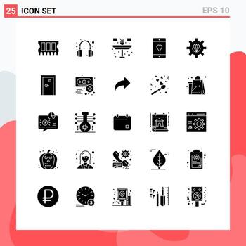 paquete de 25 signos y símbolos de glifos sólidos modernos para medios de impresión web, como la codificación de desarrollo, elementos de diseño de vectores editables de corazón móvil doméstico