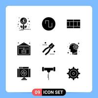 Group of 9 Solid Glyphs Signs and Symbols for head pliers tennis pincers picture Editable Vector Design Elements