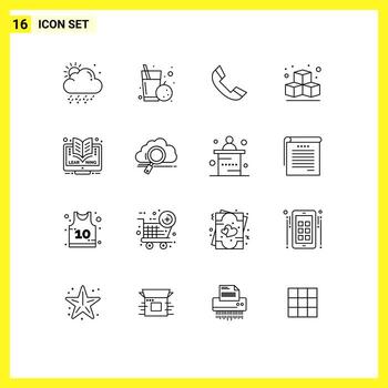 Editable Vector Line Pack of 16 Simple Outlines of cloud learning phone elearning cube Editable Vector Design Elements