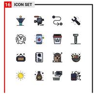 16 Universal Flat Color Filled Line Signs Symbols of ghoul wrench film camera tools adjustable Editable Creative Vector Design Elements