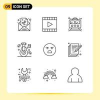 Pack of 9 Modern Outlines Signs and Symbols for Web Print Media such as medicine healthcare video player alternative transport Editable Vector Design Elements