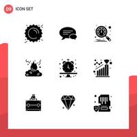 Set of 9 Vector Solid Glyphs on Grid for schedule smoke dashboard pollution fire Editable Vector Design Elements