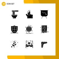 Modern Set of 9 Solid Glyphs Pictograph of international shield board security protection Editable Vector Design Elements