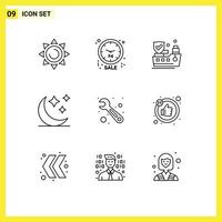 Pack of 9 Modern Outlines Signs and Symbols for Web Print Media such as likes wrench insurance tool night Editable Vector Design Elements