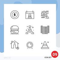 User Interface Pack of 9 Basic Outlines of security internet spy ware communication food Editable Vector Design Elements
