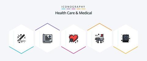 Health Care And Medical 25 FilledLine icon pack including medical book. bed. report. stretcher. like vector