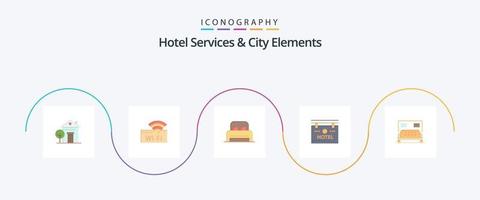 servicios de hotel y elementos de la ciudad paquete de iconos planos 5 que incluye cama. localización. cama . junta. hotel vector