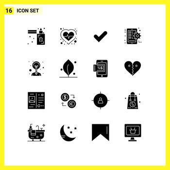 16 Universal Solid Glyphs Set for Web and Mobile Applications idea smart phone check setting gear Editable Vector Design Elements