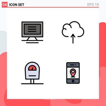 Filledline Flat Color Pack of 4 Universal Symbols of monitor location cloud machine pin Editable Vector Design Elements