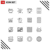 16 User Interface Outline Pack of modern Signs and Symbols of cart technology glow products devices Editable Vector Design Elements