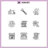 9 Thematic Vector Outlines and Editable Symbols of market shop bonfire building map Editable Vector Design Elements