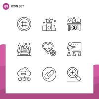 Set of 9 Vector Outlines on Grid for love park business night night date Editable Vector Design Elements