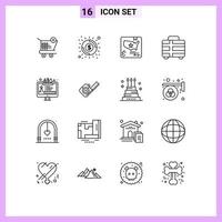 Set of 16 Vector Outlines on Grid for tool travel american transportation beach Editable Vector Design Elements
