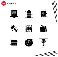 Editable Vector Line Pack of 9 Simple Solid Glyphs of watch kit pound low mallet notepad Editable Vector Design Elements