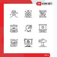 Pictogram Set of 9 Simple Outlines of head analytics day seo presentation Editable Vector Design Elements