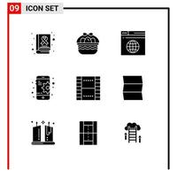 Universal Icon Symbols Group of 9 Modern Solid Glyphs of film basic internet mobile configuration Editable Vector Design Elements