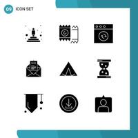 Solid Glyph Pack of 9 Universal Symbols of tent letter app corresponding email Editable Vector Design Elements