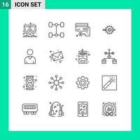 Pack of 16 creative Outlines of interface production finance gear design Editable Vector Design Elements