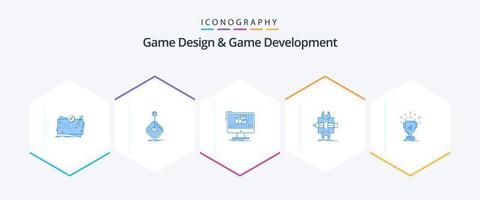 paquete de 25 íconos azules de diseño y desarrollo de juegos que incluye desarrollo. construir. palanca de mando. software. editor vector