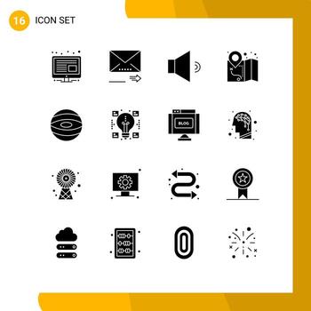User Interface Pack of 16 Basic Solid Glyphs of ideas space speaker planet map Editable Vector Design Elements