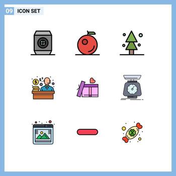 paquete de interfaz de usuario de 9 colores planos básicos de línea rellena de elementos de diseño de vector editables de caja de regalo de amor de árbol de implementación de escala