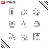 9 User Interface Outline Pack of modern Signs and Symbols of shredder man plane mobile online Editable Vector Design Elements