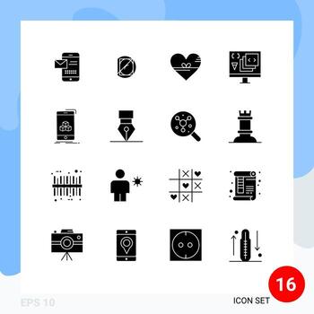16 glifos sólidos vectoriales temáticos y símbolos editables de la aplicación de ciencia de codificación de desarrollo como elementos de diseño vectorial editables vector