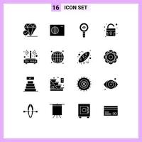 Pack of 16 creative Solid Glyphs of wifi modem chemical unlock lock Editable Vector Design Elements