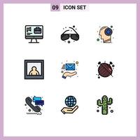 Pack of 9 Modern Filledline Flat Colors Signs and Symbols for Web Print Media such as hand email head woman thinking Editable Vector Design Elements