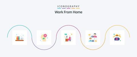 Work From Home Flat 5 Icon Pack Including file sharing. internet. user. communication. desk vector