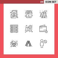 Modern Set of 9 Outlines Pictograph of web server receipt rack park Editable Vector Design Elements