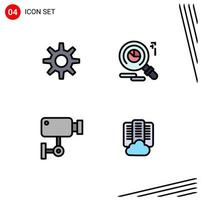 Editable Vector Line Pack of 4 Simple Filledline Flat Colors of gear surveillance research cam cloud Editable Vector Design Elements