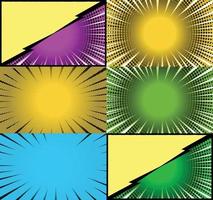 Comic book colorful frames background with halftone rays radial and dotted effects pop art style vector