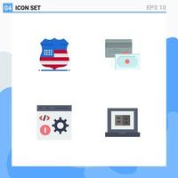 Set of 4 Vector Flat Icons on Grid for shield coding security payment development Editable Vector Design Elements